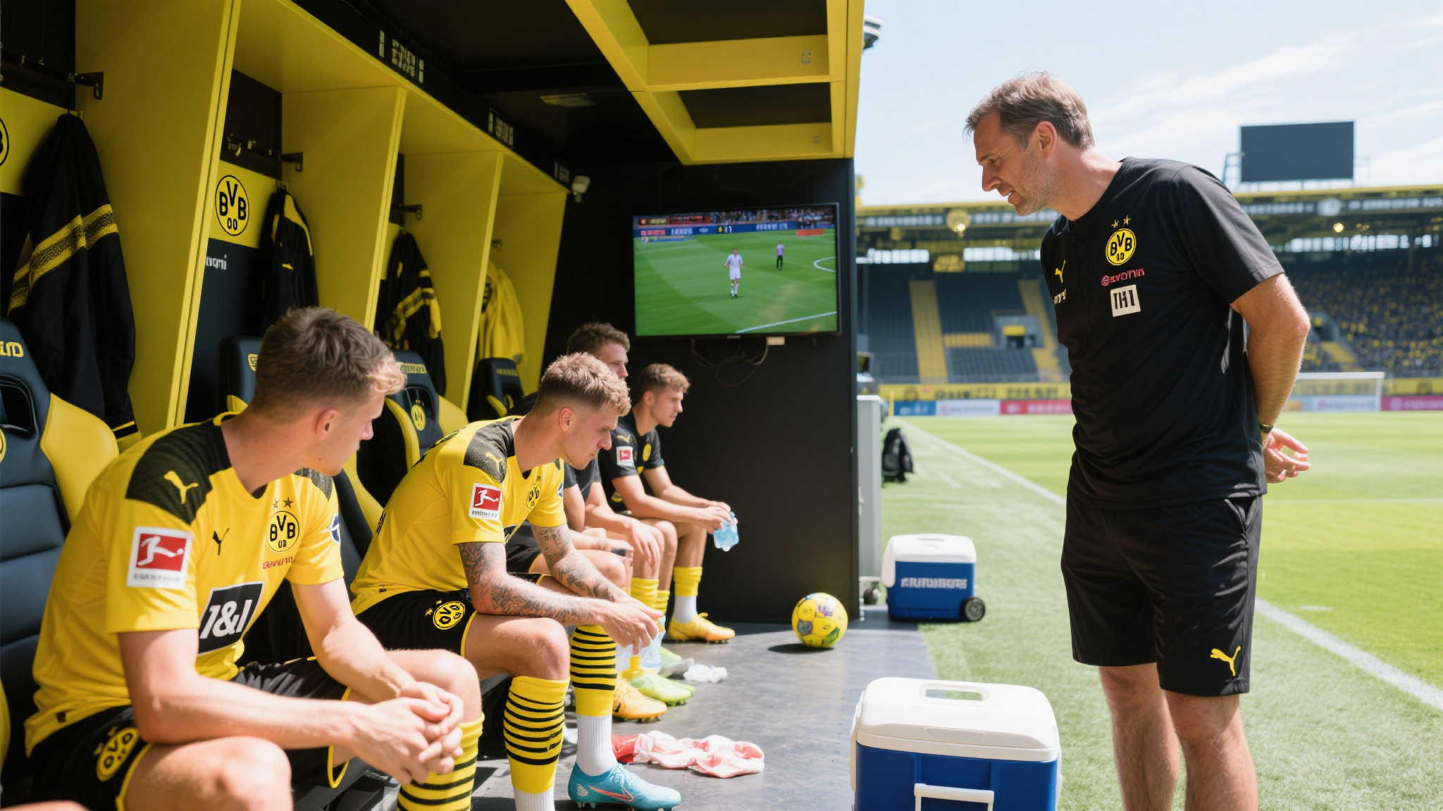 “酷暑难耐,多特替补球员更衣室里关注上半场赛事” 高温天气对足球比赛的挑战
夏季的高温对于运动员来